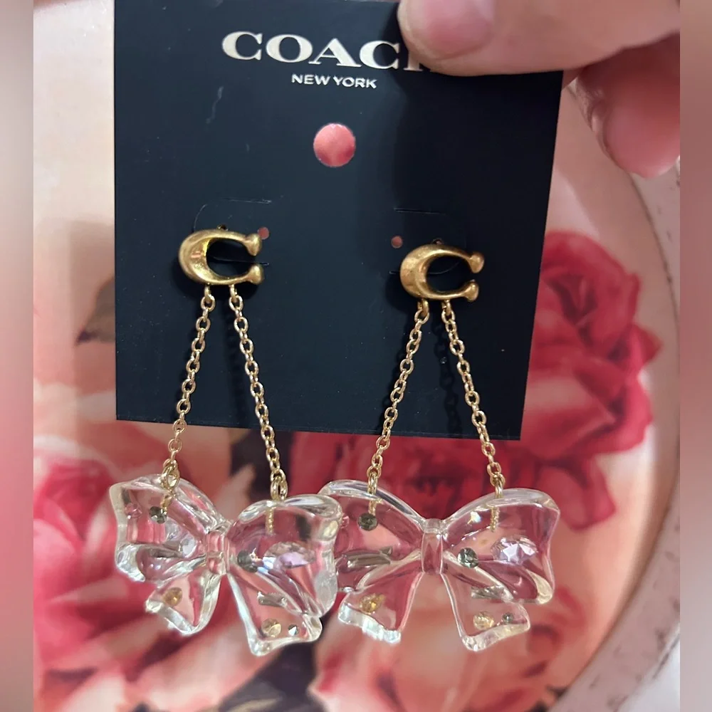 Coach Bow Crystal Dangle Earrings Gold Clear Drop Fashion Jewelry - Picture 2 of 5
